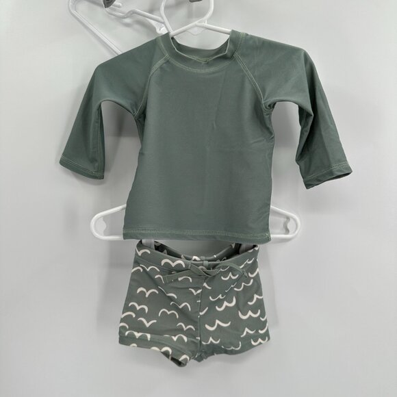 Rylee and Cru Swim Set 3-6 Months Rashguard and Swim Trunk Bottoms Green Waves - Picture 1 of 9